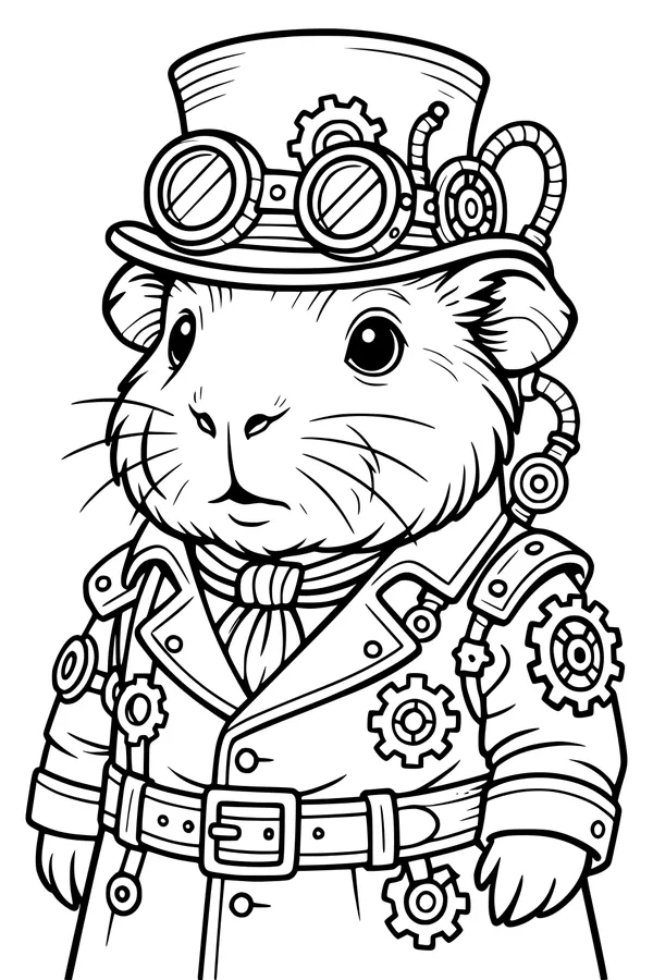 Free Guinea Pig Coloring Page - Steampunk Professor With Goggles (Printable PDF)