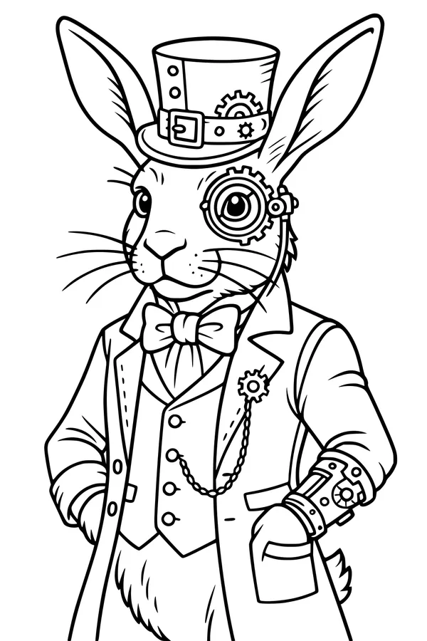 Free Hare Coloring Page - Steampunk Professor in Suit (Printable PDF)