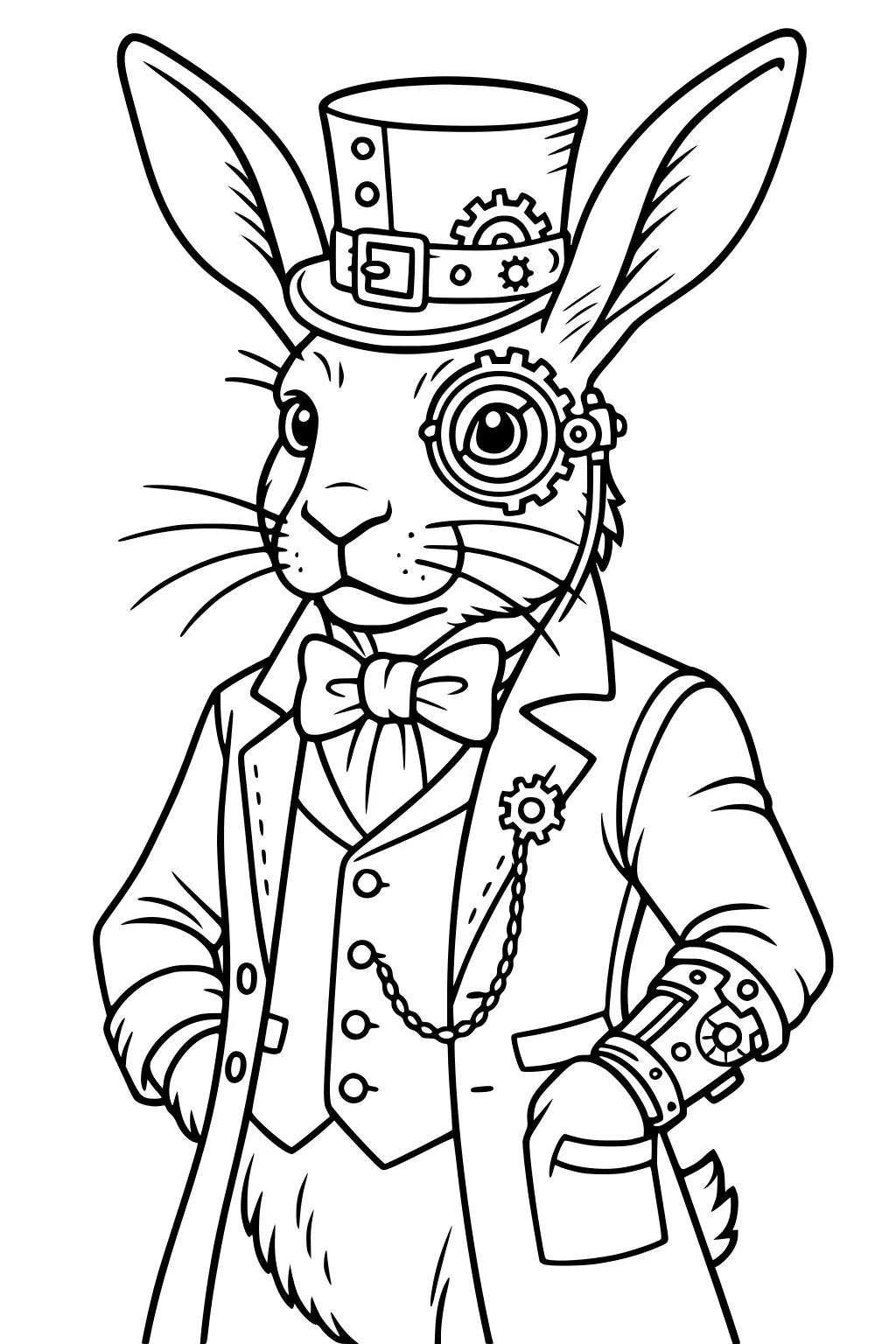 Hare wearing a steampunk suit, top hat with gears, monocle, bow tie, vest, and mechanical wrist gadget.
