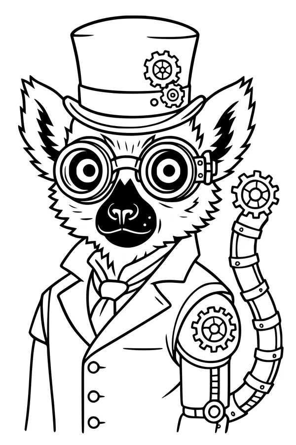 Free Lemur Coloring Page - Steampunk Professor With Clockwork Arm (Printable PDF)