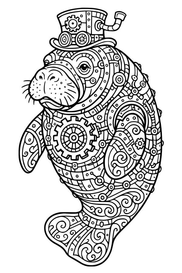 Free Manatee Coloring Page - Steampunk Gears and Top Hat (Printable PDF)