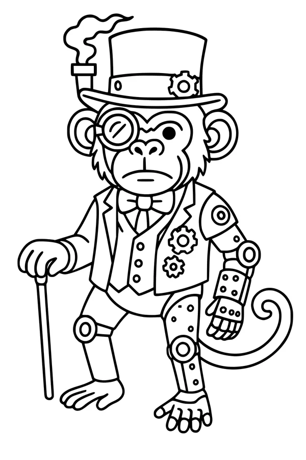 Free Monkey Coloring Page - Steampunk Gentleman With Top Hat (Printable PDF)