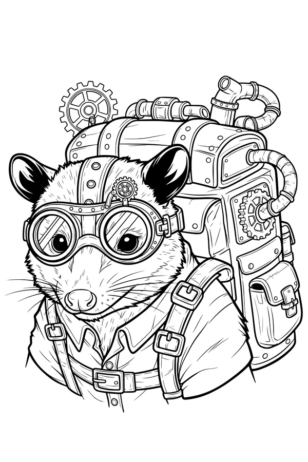 Free Opossum Coloring Page - Steampunk Inventor With Goggles (Printable PDF)