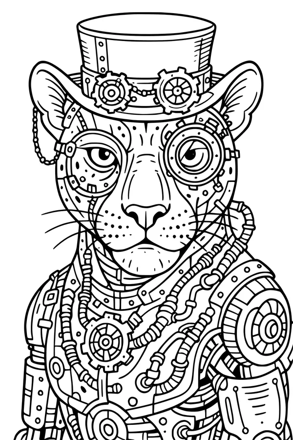 Free Panther Coloring Page - Steampunk Engineer in Steam City (Printable PDF)
