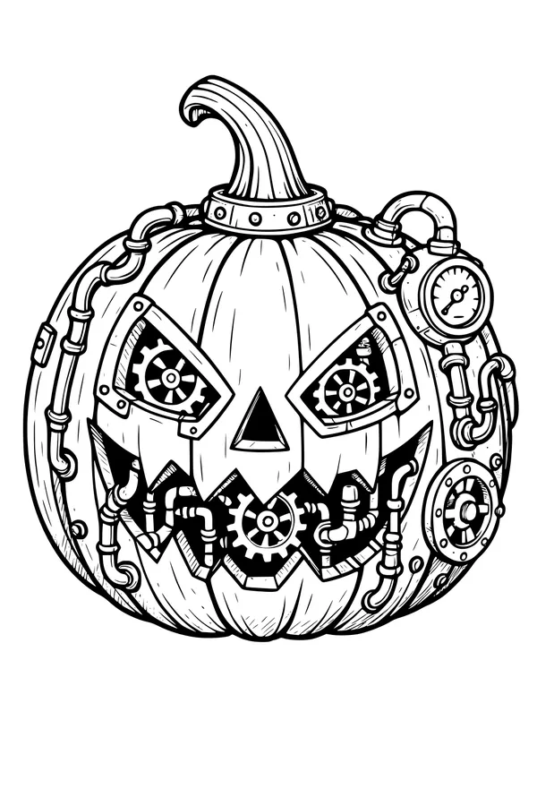Free Steampunk Pumpkin Coloring Page - Mechanical Jack-O-Lantern With Gears (Printable PDF)