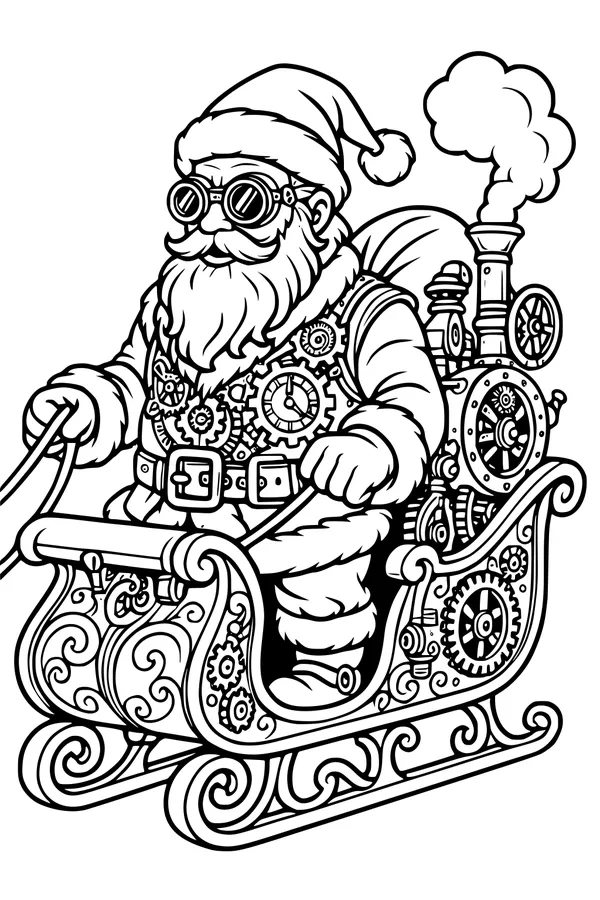 Free Santa Coloring Page - Steampunk Sleigh Ride With Gears (Printable PDF)