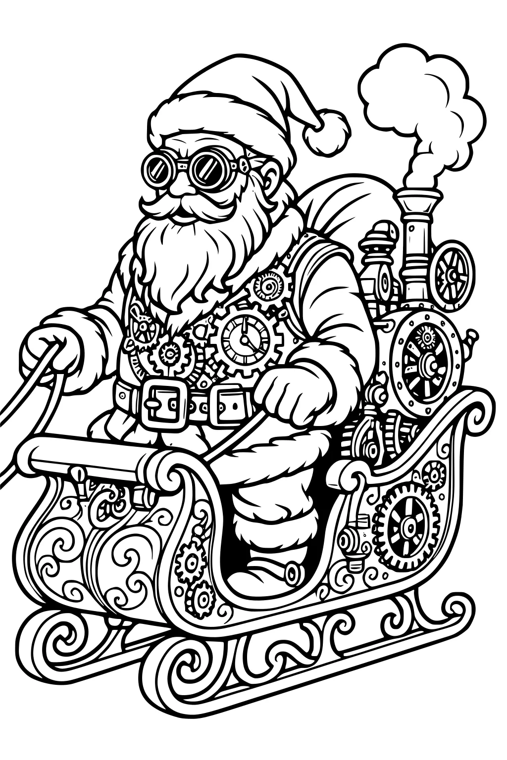 Santa in goggles drives a steampunk sleigh with gears, pipes, smoke stack, holding reins; gift sack sits behind him.