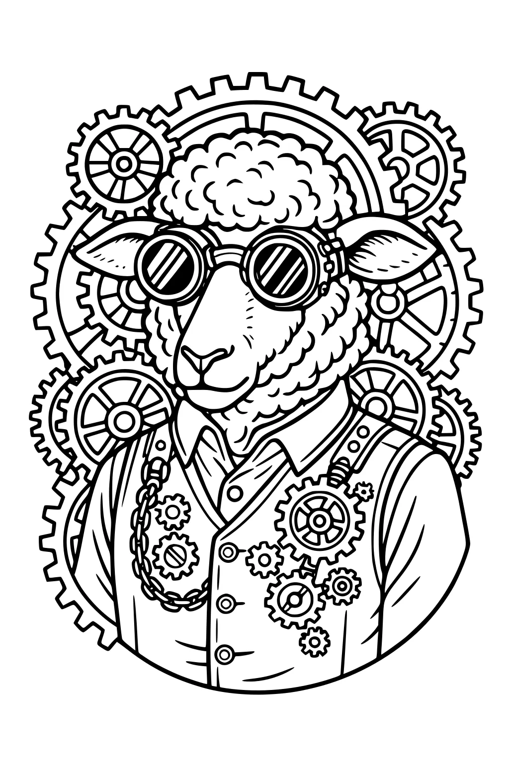 A sheep wearing round goggles and a vest decorated with gears, surrounded by large mechanical cogs.
