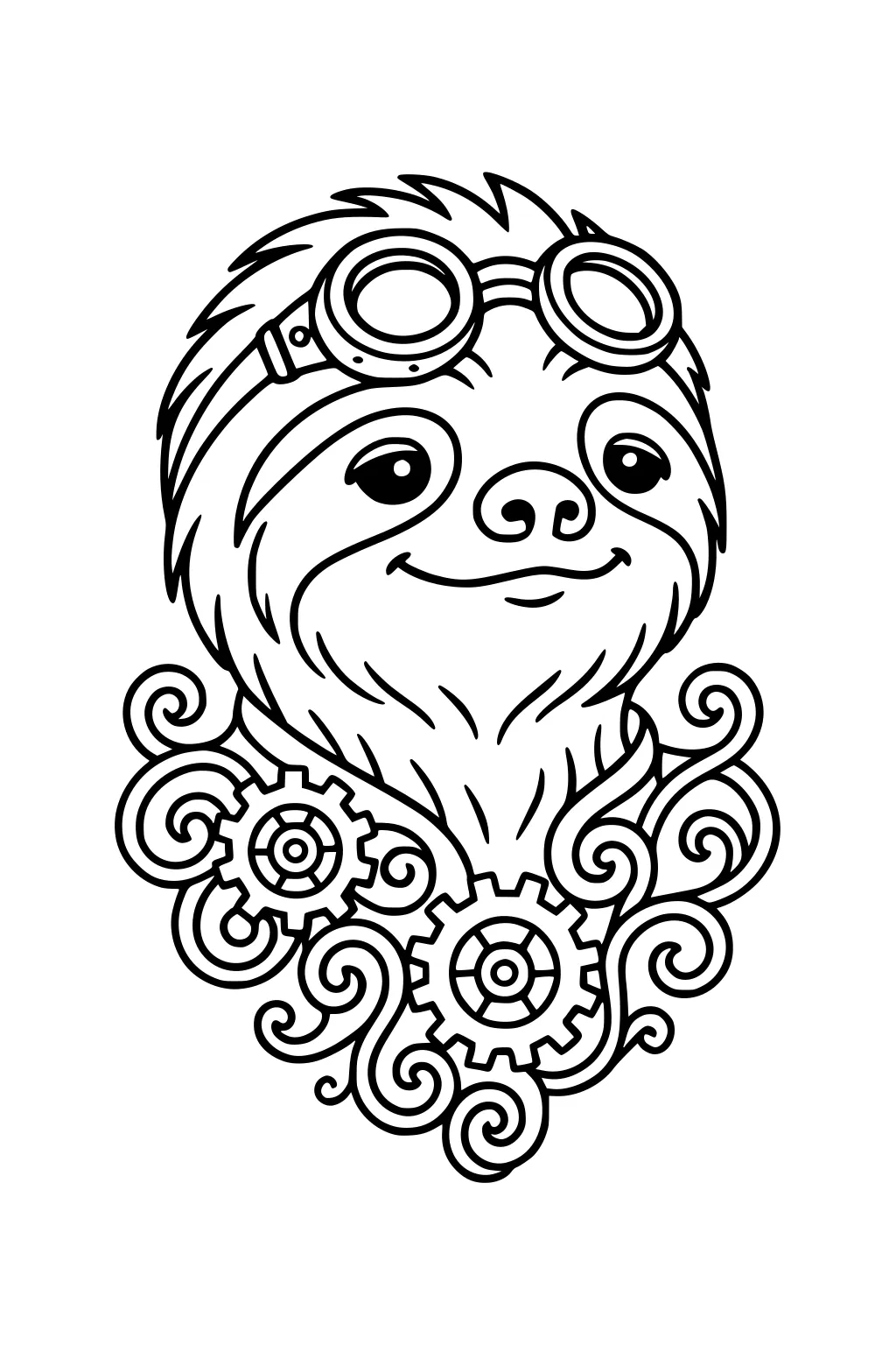 Sloth with goggles and gears surrounded by swirly patterns.