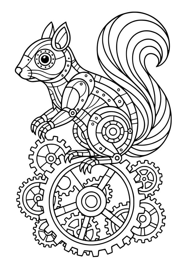Free Squirrel Coloring Page - Steampunk Clockwork Mechanical Squirrel (Printable PDF)