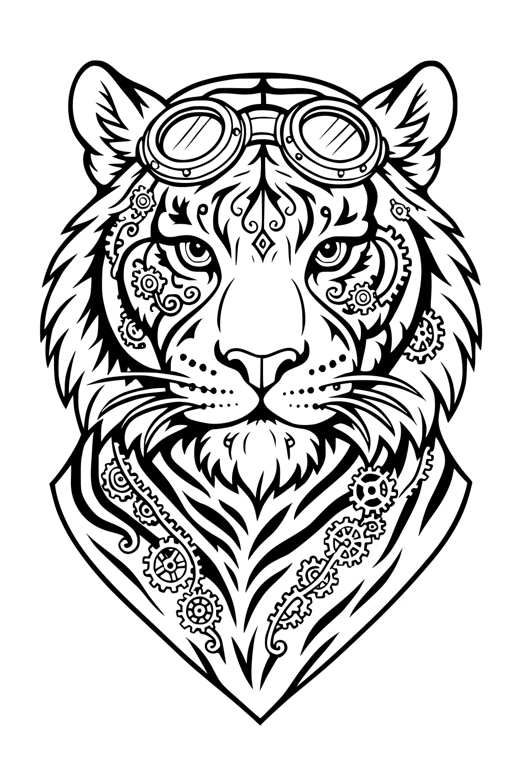 Tiger head with goggles, decorated scarf, and gear designs in a detailed steampunk style.
