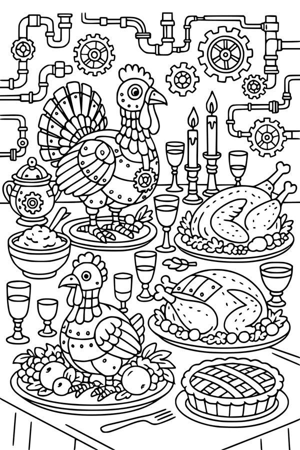 Free Steampunk Turkey Coloring Page - Mechanical Thanksgiving Feast Table (Printable PDF)
