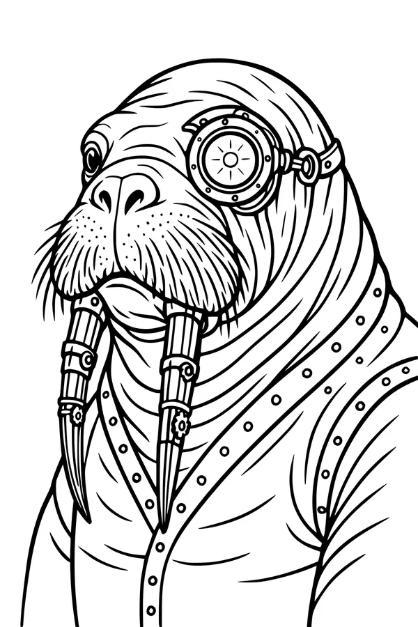 Free Walrus Coloring Page - Steampunk Monocle and Mechanical Tusks (Printable PDF)