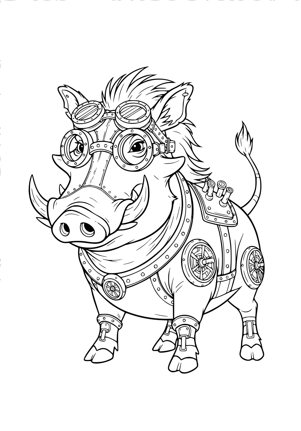 Cartoon warthog with goggles and steampunk gear, including wheels, bolts, pipes, and harness details.