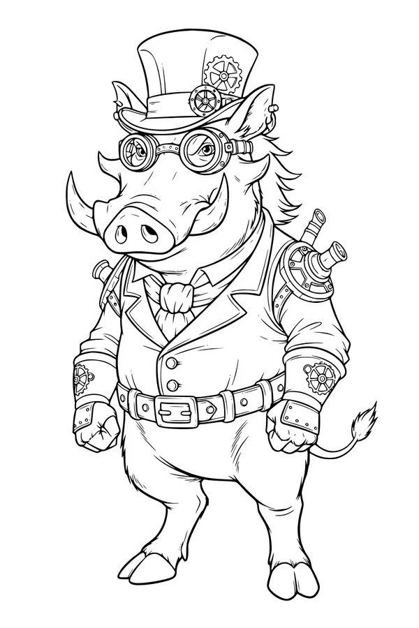 Free Warthog Coloring Page - Steampunk Gentleman in Goggles (Printable PDF)