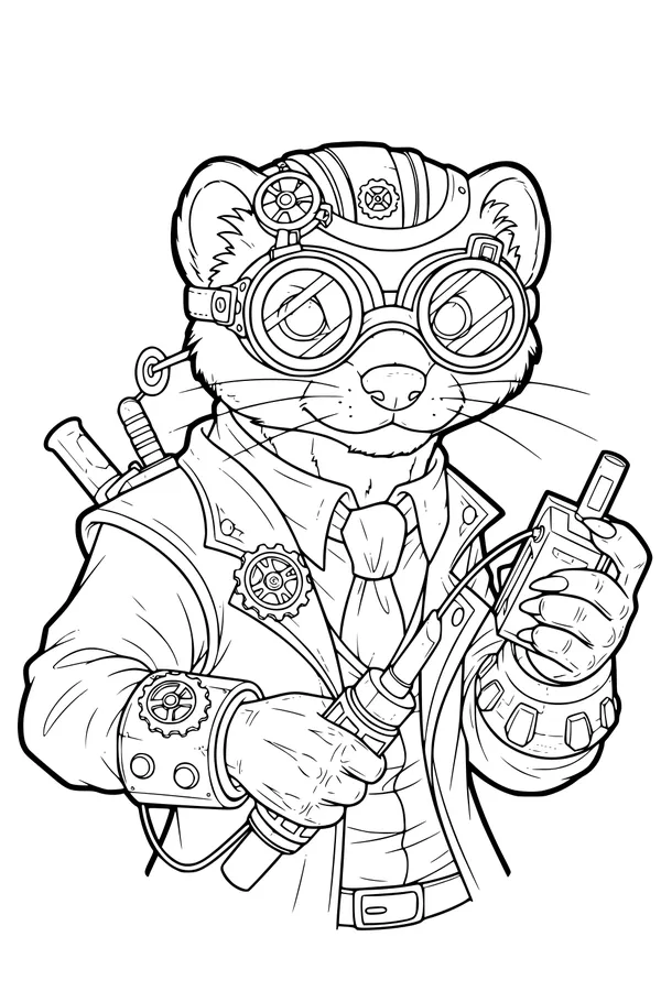 Free Weasel Coloring Page - Steampunk Inventor With Goggles (Printable PDF)
