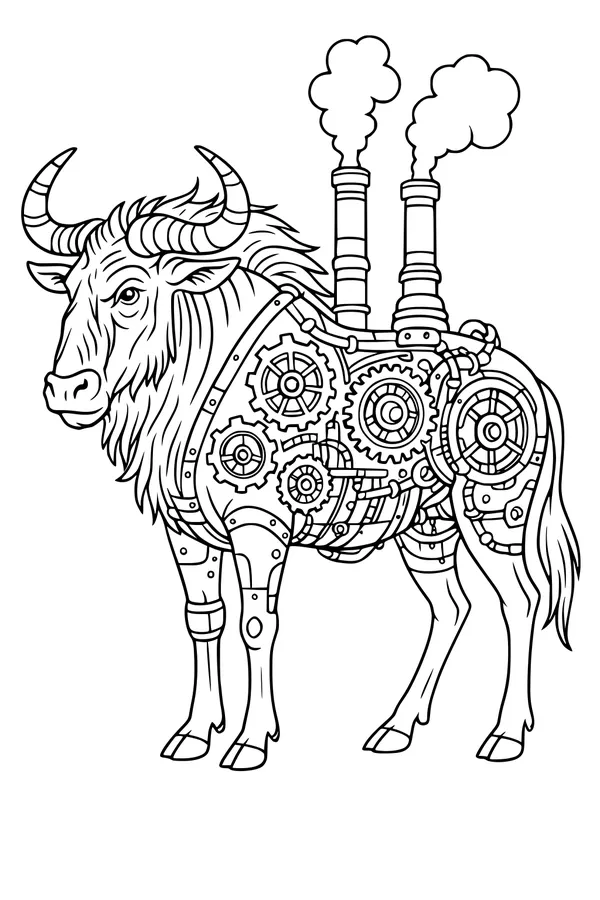 Free Wildebeest Coloring Page - Steampunk Gear-Hearted Beast in Profile (Printable PDF)