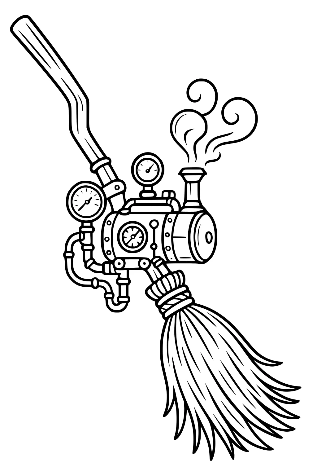 Steampunk witch broom with engine, gauges, pipes, and swirling steam; tied straw bristles at bottom; simple black outline on white.