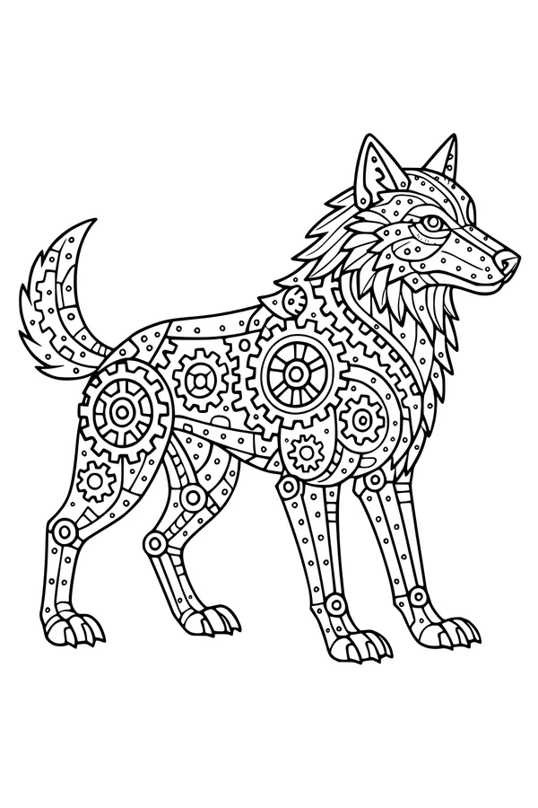 Free Wolf Coloring Page - Steampunk Mechanical Gear-Heart Wolf (Printable PDF)