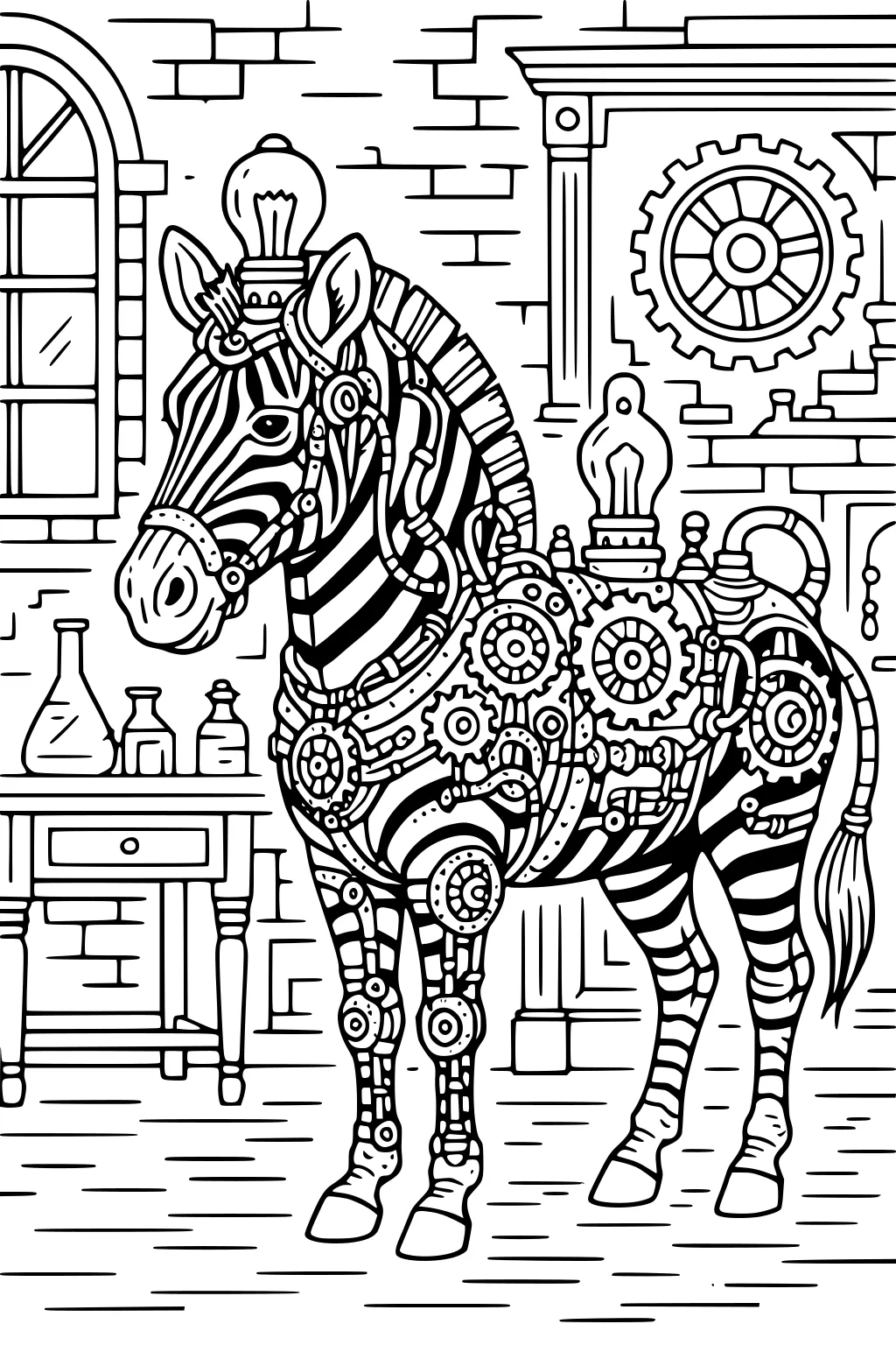 Steampunk zebra in workshop with gear harness, light bulbs on head and back, brick wall, arched window, table of flasks, and large wall cog.