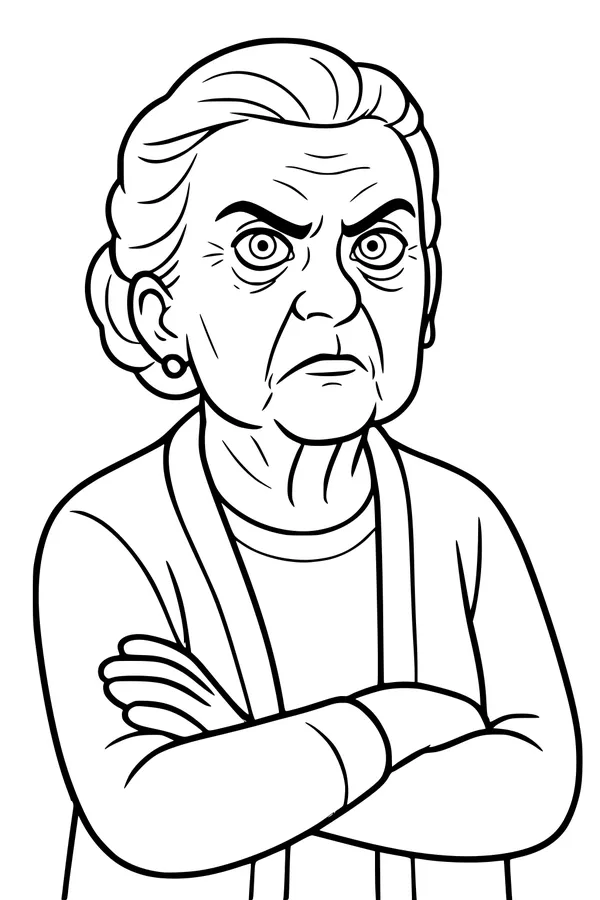 Free Grandma Coloring Page - Stern Grandmother With Arms Crossed (Printable PDF)