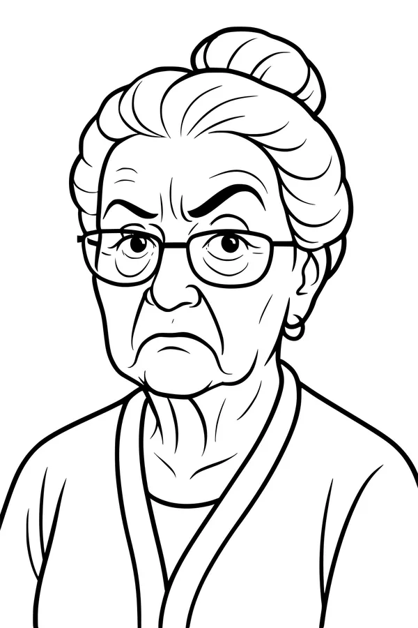 Free Grandma Coloring Page - Elderly Portrait With Serious Expression (Printable PDF)