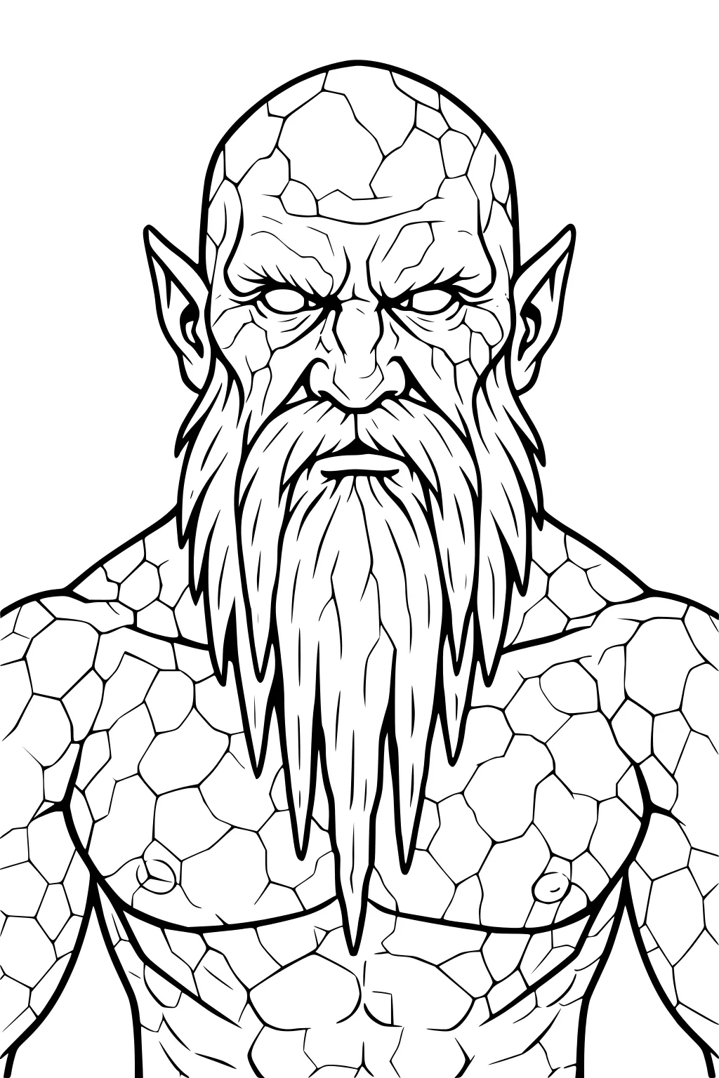 Bearded giant with cracked stone skin, pointed ears, blank eyes; chest-up view with long beard, rocky head, and broad shoulders.