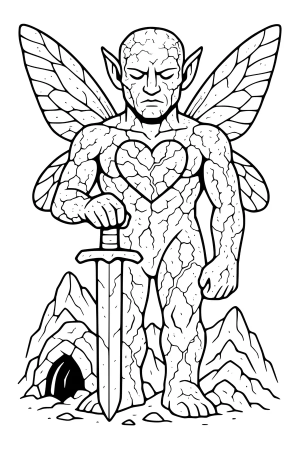 Free Fairy Coloring Page - Stone-Heart Guardian in Rocky Mountains (Printable PDF)
