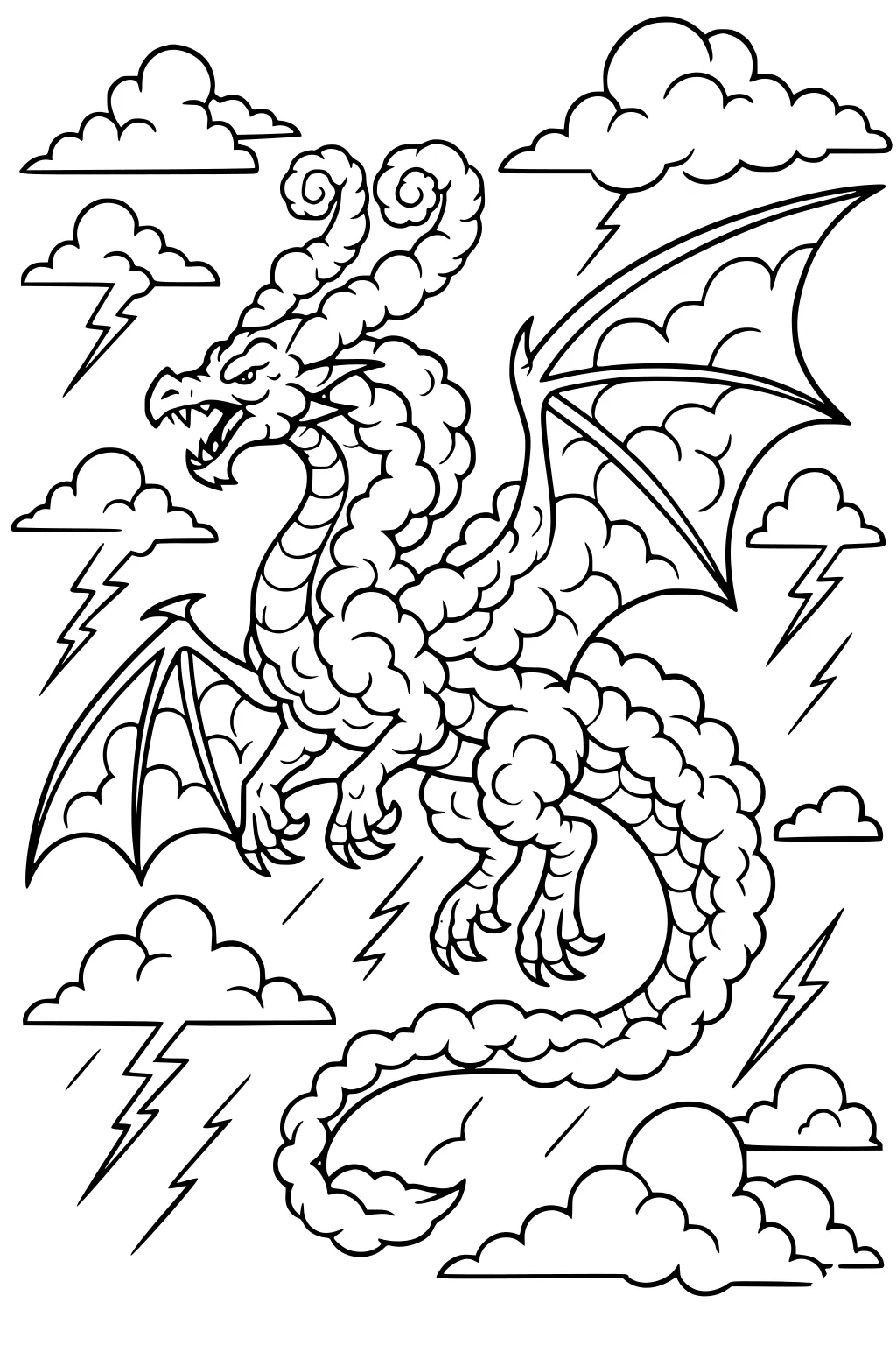 Cloud dragon with curled horns flies through storm clouds, open mouth and spread wings, surrounded by lightning bolts.