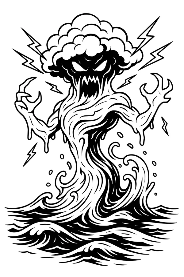 Free Storm Elemental Coloring Page - Ocean Lightning Spirit (Printable PDF)