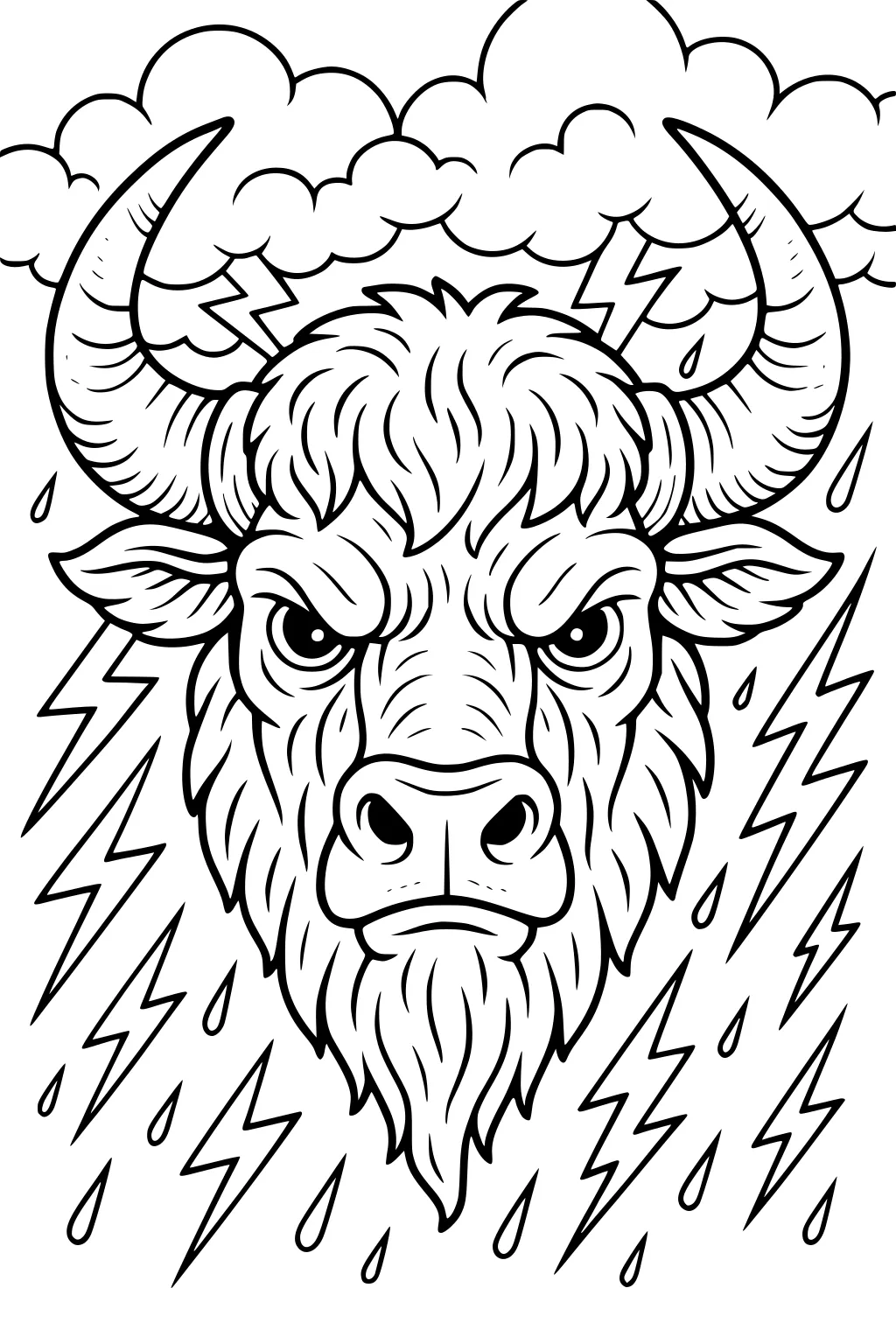 Buffalo head with big horns, fluffy fur, storm clouds, lightning bolts, and raindrops surrounding the face.