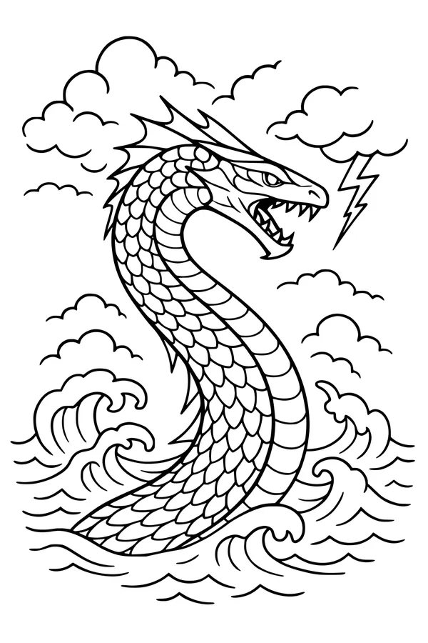 Free Kraken Sea Serpent Coloring Page - Stormy Ocean Lightning Attack (Printable PDF)
