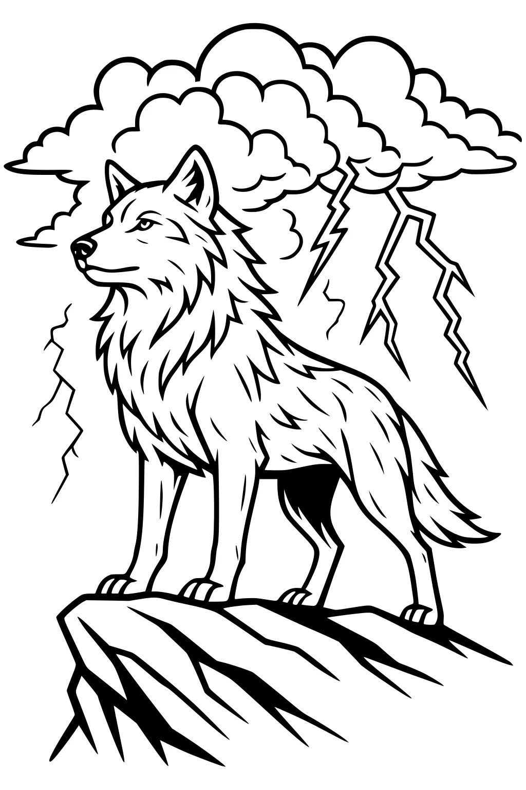 Wolf on rocky cliff under storm clouds with zigzag lightning; line art with thick fur, perked ears, and bold outlines.