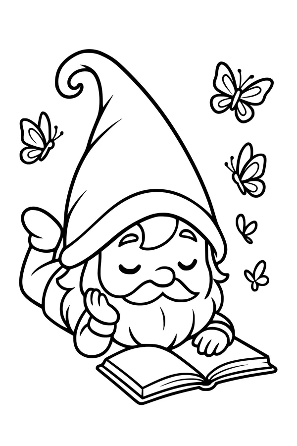 Free Gnome Coloring Page - Storytime With Fluttering Butterflies (Printable PDF)