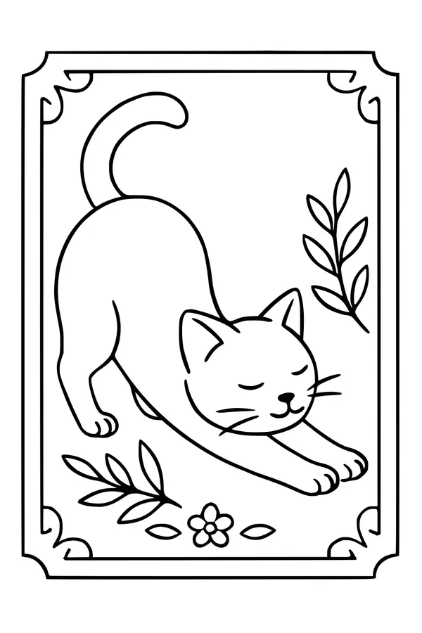 Free Cat Coloring Page - Sleepy Domestic Cat Stretching in Garden (Printable PDF)