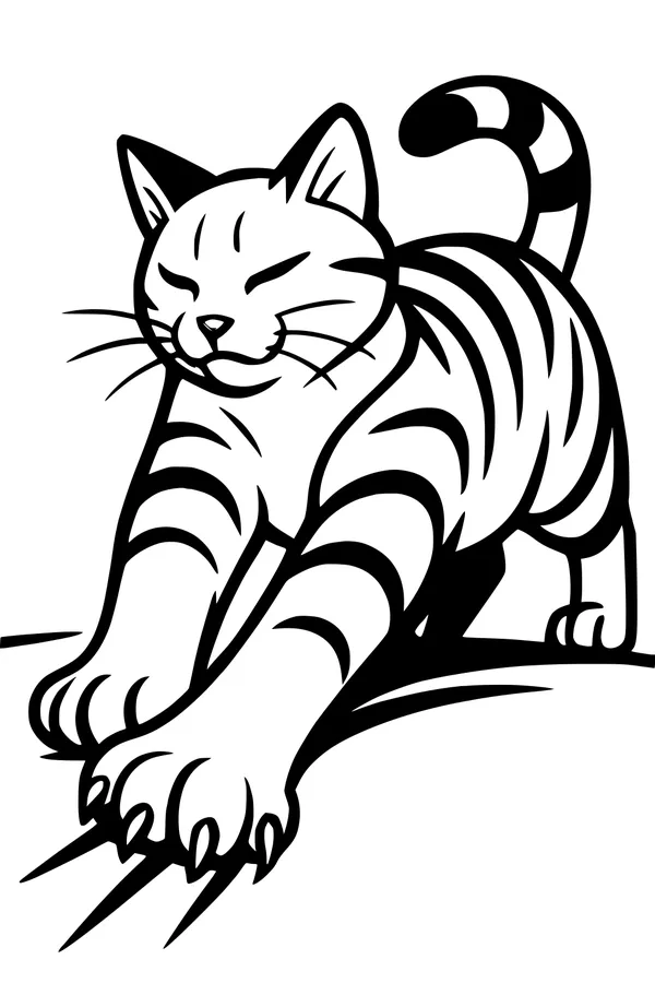 Free Cat Coloring Page - Sleepy Striped Cat Morning Stretch (Printable PDF)