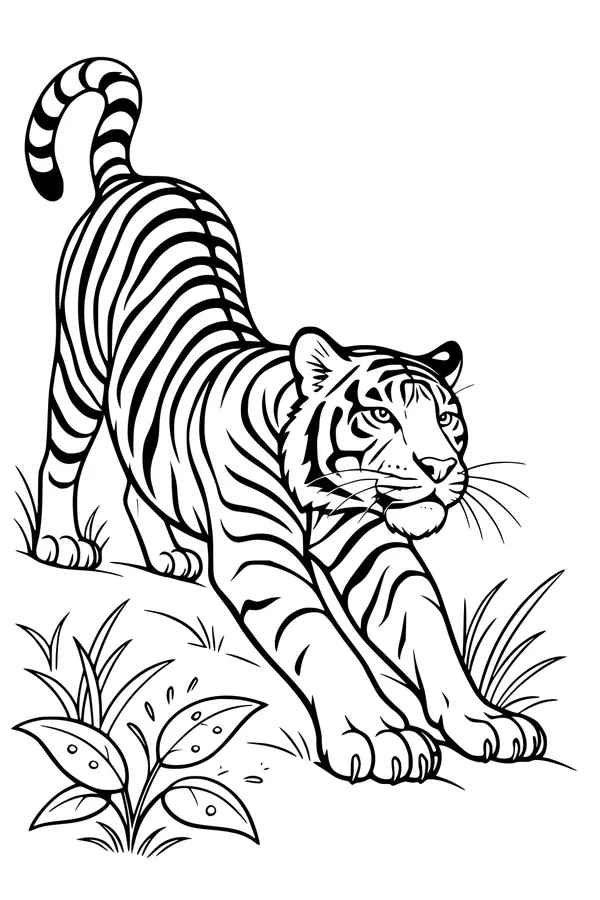 Free Tiger Coloring Page - Morning Stretch in the Grass (Printable PDF)