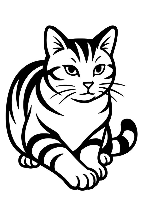 Free Cat Coloring Page - Stripey Tabby Sitting Calmly (Printable PDF)