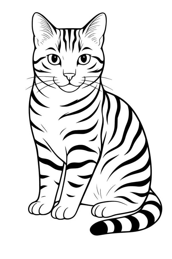 Free Cat Coloring Page - Striped Tabby Sitting Upright (Printable PDF)