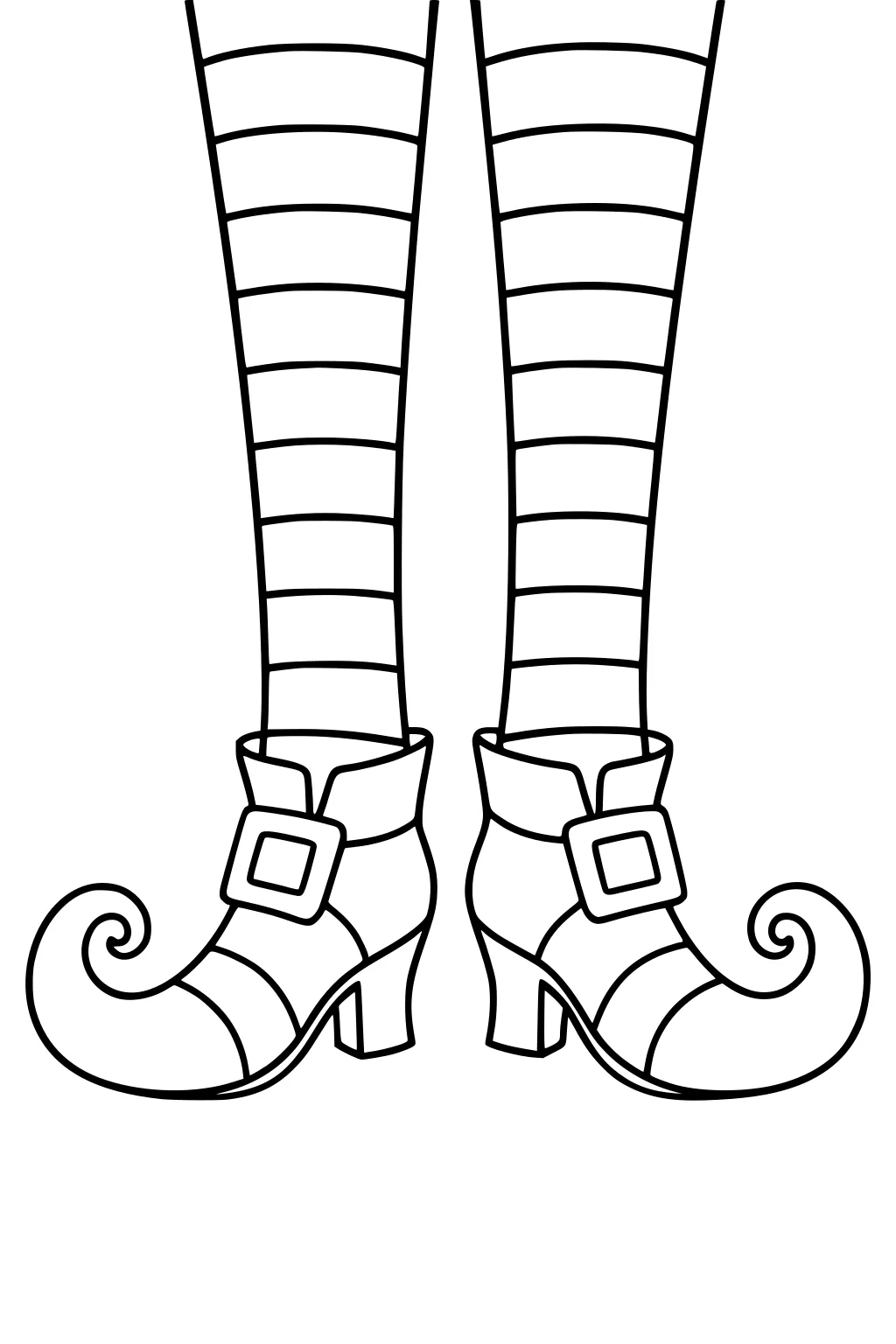 Witch legs in striped stockings with curly-toe buckle boots, bold Halloween line art on a white background.