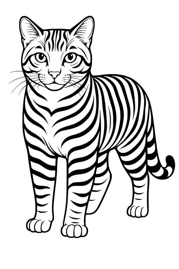 Free Cat Coloring Page - Striped Domestic Cat Facing Forward (Printable PDF)