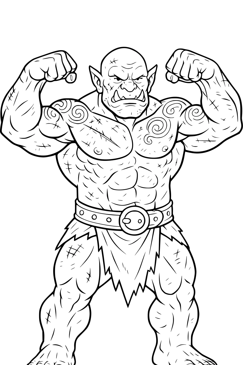 Muscular bald ogre with tusks flexing both arms, spiral tattoos, wide belt, and tattered loincloth in front view line art.