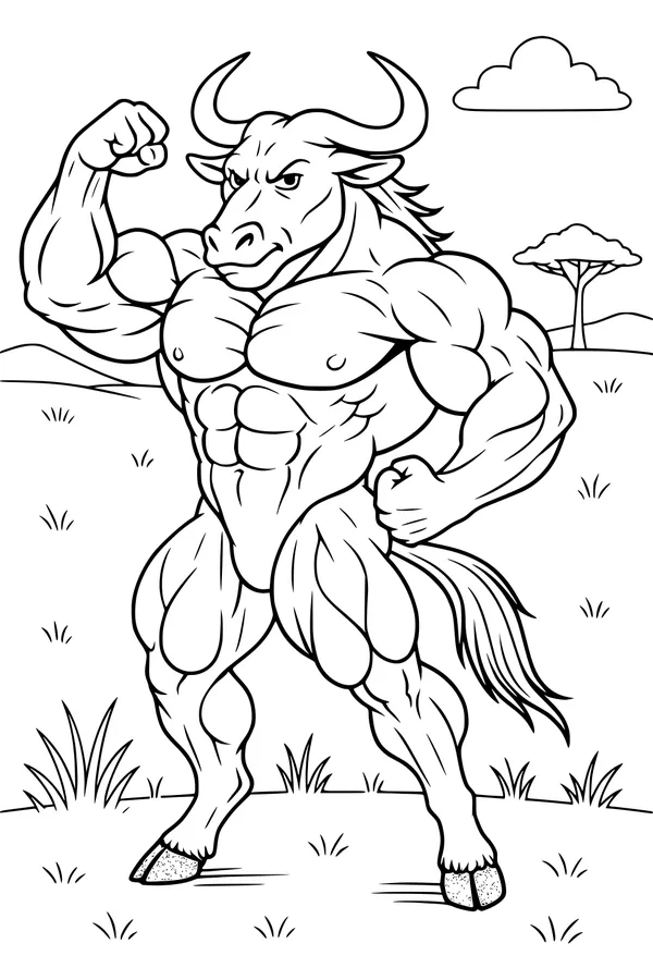 Free Wildebeest Coloring Page - Muscular Cartoon Flexing in the Savannah (Printable PDF)