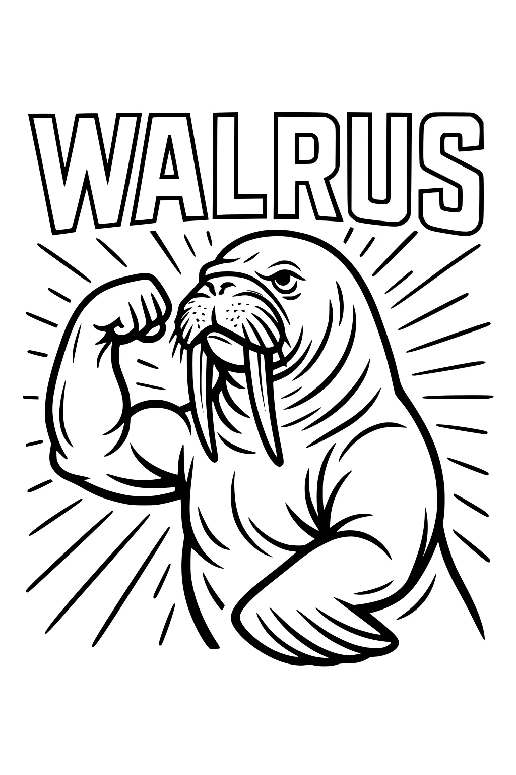 Cartoon walrus flexing a muscle, big tusks, sunburst lines, and bold WALRUS lettering above.