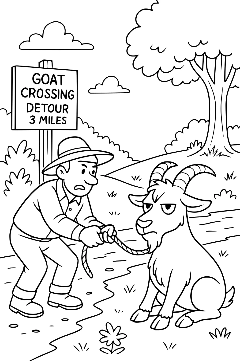 Farmer pulling rope with stubborn goat sitting on a path near a goat crossing detour sign, tree, and flowers.