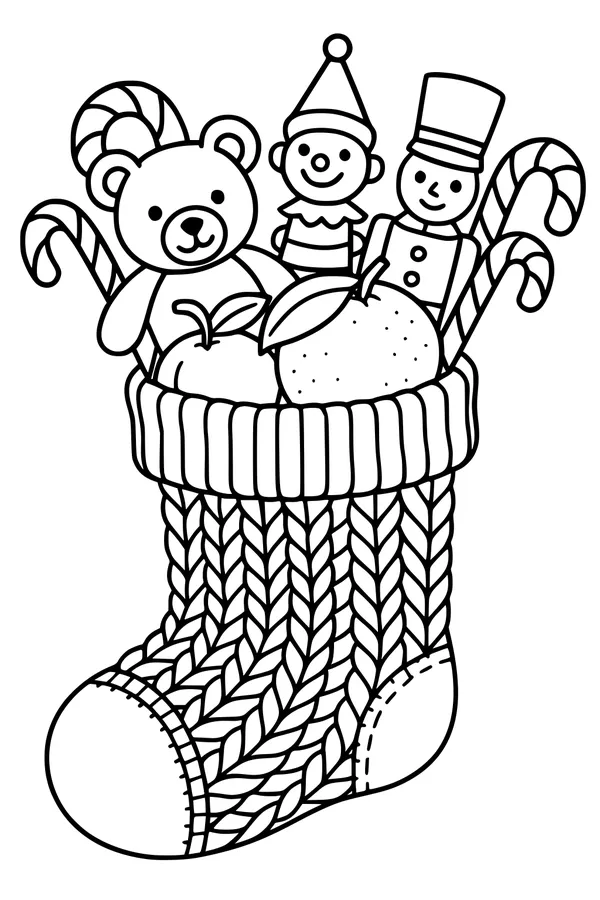 Free Christmas Stocking Coloring Page - Stuffed With Toys and Treats (Printable PDF)