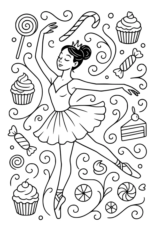 Free Sugarplum Ballerina Coloring Page - Christmas Candy Cane Ballet (Printable PDF)