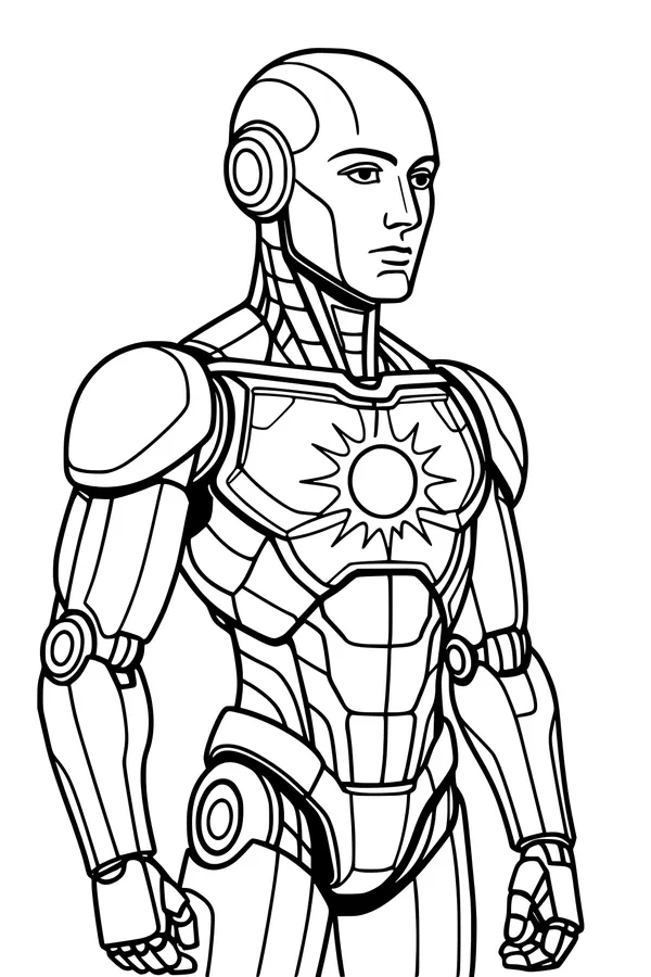 Free Android Robot Coloring Page - Solar-Heart Boy Guardian (Printable PDF)
