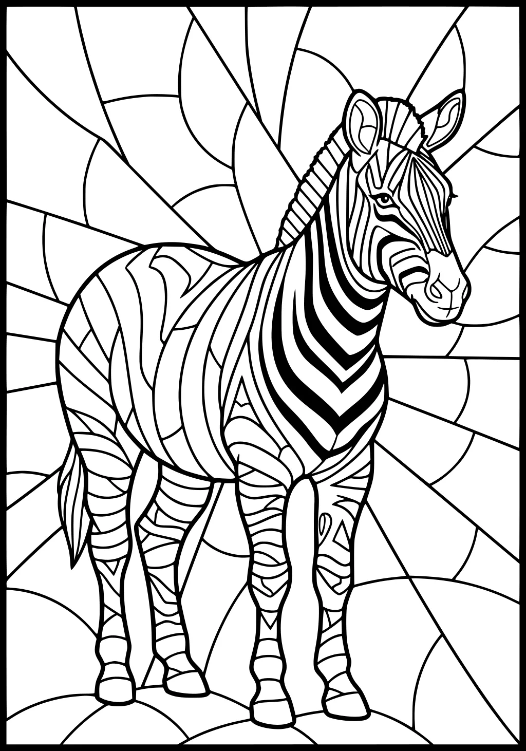 Zebra with bold stripes standing before a swirling sunburst background, ears forward, short mane, detailed legs and tail.