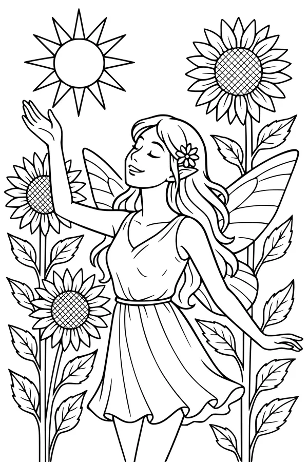 Free Fairy Coloring Page - Sunflower Garden Morning Sun (Printable PDF)